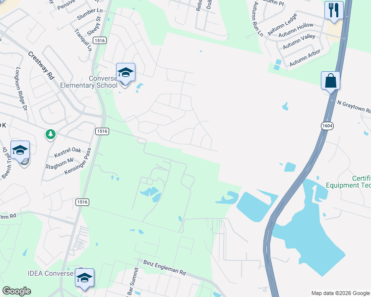 map of restaurants, bars, coffee shops, grocery stores, and more near 6424 Fm 1516 North in Converse