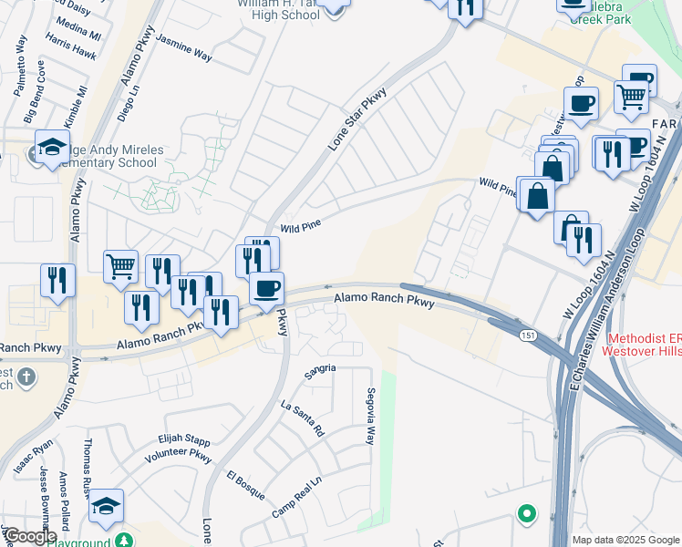 map of restaurants, bars, coffee shops, grocery stores, and more near 11585 Alamo Ranch Parkway in San Antonio