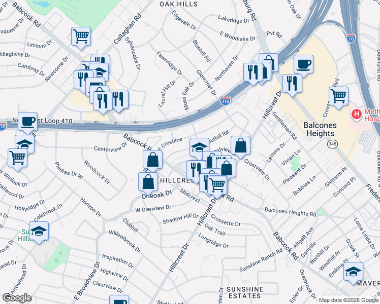 map of restaurants, bars, coffee shops, grocery stores, and more near 623 Crestview Drive in San Antonio