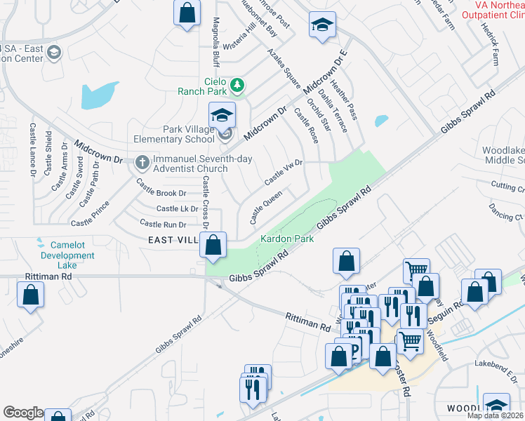 map of restaurants, bars, coffee shops, grocery stores, and more near 6010 Castle Queen Drive in San Antonio
