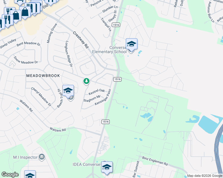 map of restaurants, bars, coffee shops, grocery stores, and more near 6138 Kensinger Pass in Converse