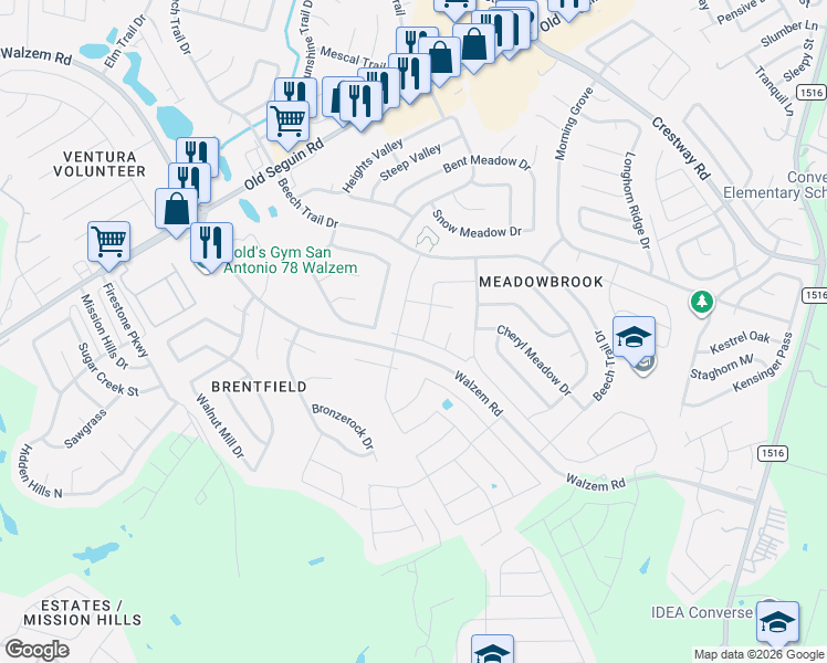 map of restaurants, bars, coffee shops, grocery stores, and more near 8307 Tortoise Trail in Converse