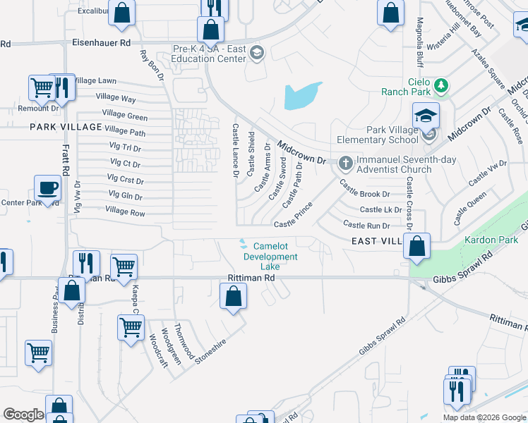 map of restaurants, bars, coffee shops, grocery stores, and more near 4703 Castle Path in San Antonio