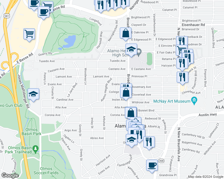 map of restaurants, bars, coffee shops, grocery stores, and more near 215 College Boulevard in San Antonio
