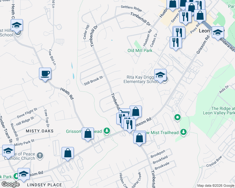 map of restaurants, bars, coffee shops, grocery stores, and more near 5715 Timber Bend in San Antonio