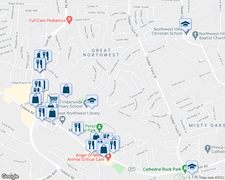 map of restaurants, bars, coffee shops, grocery stores, and more near 5111 Timber Terrace Street in San Antonio