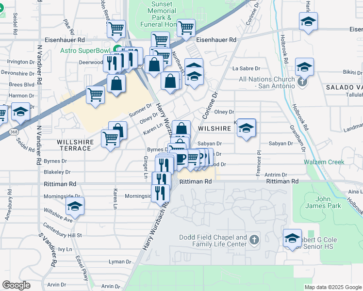 map of restaurants, bars, coffee shops, grocery stores, and more near 2458 Harry Wurzbach Road in San Antonio