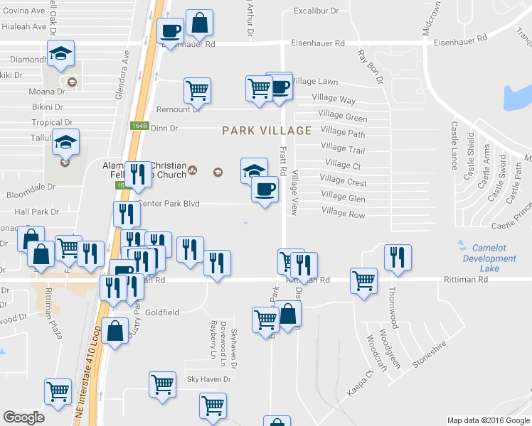 map of restaurants, bars, coffee shops, grocery stores, and more near 4930 Center Park Boulevard in San Antonio