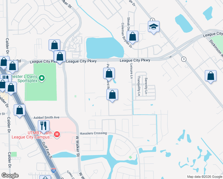 map of restaurants, bars, coffee shops, grocery stores, and more near 2121 Pecan Orchard Road in League City