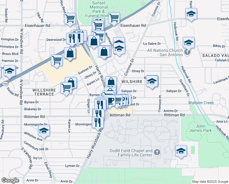 map of restaurants, bars, coffee shops, grocery stores, and more near 107 Cresham Drive in San Antonio