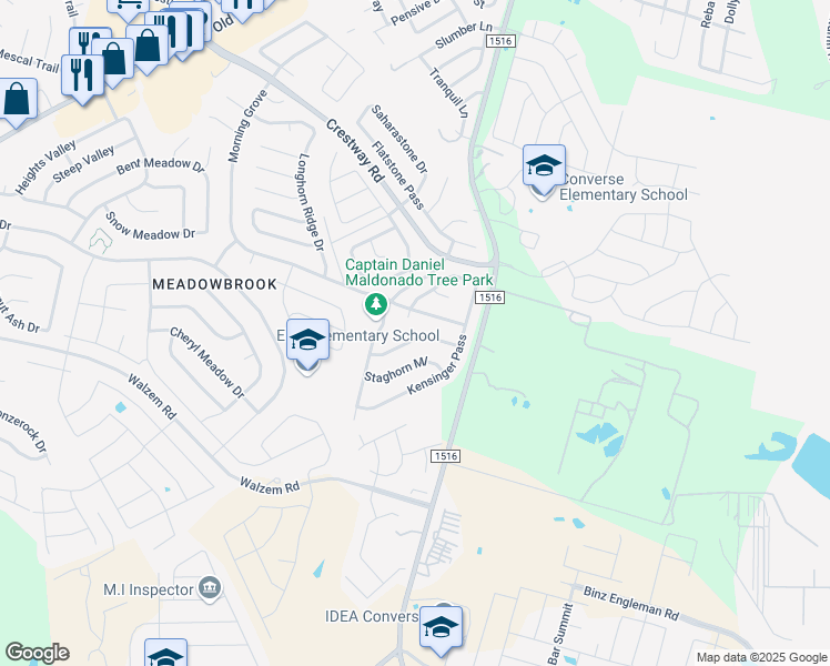 map of restaurants, bars, coffee shops, grocery stores, and more near 8859 Kestrel Oak in Converse