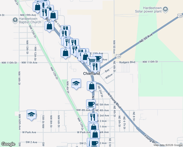 map of restaurants, bars, coffee shops, grocery stores, and more near in Chiefland