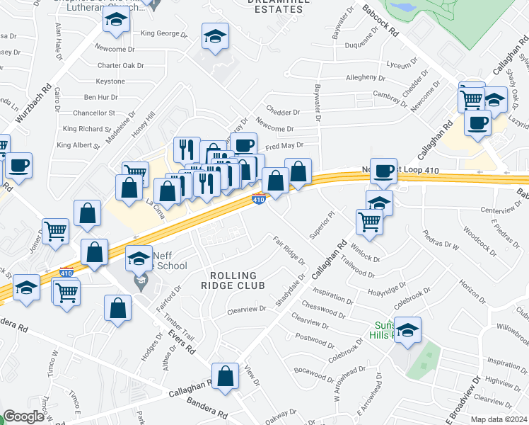 map of restaurants, bars, coffee shops, grocery stores, and more near 4924 NW Interstate 410 Loop Frontage Rd in San Antonio