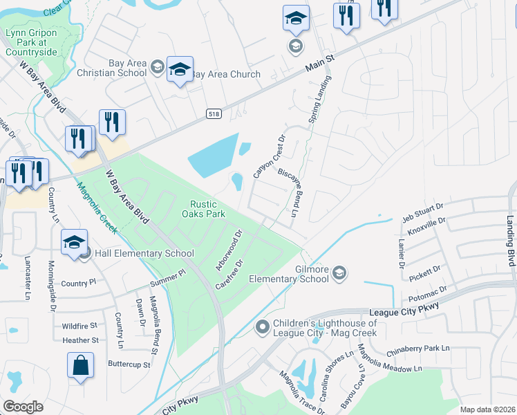 map of restaurants, bars, coffee shops, grocery stores, and more near 4507 Waverly Canyon Lane in League City