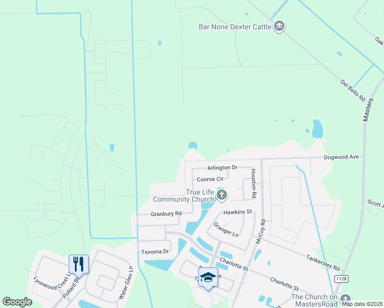 map of restaurants, bars, coffee shops, grocery stores, and more near 6502 Marble Falls Lane in Manvel