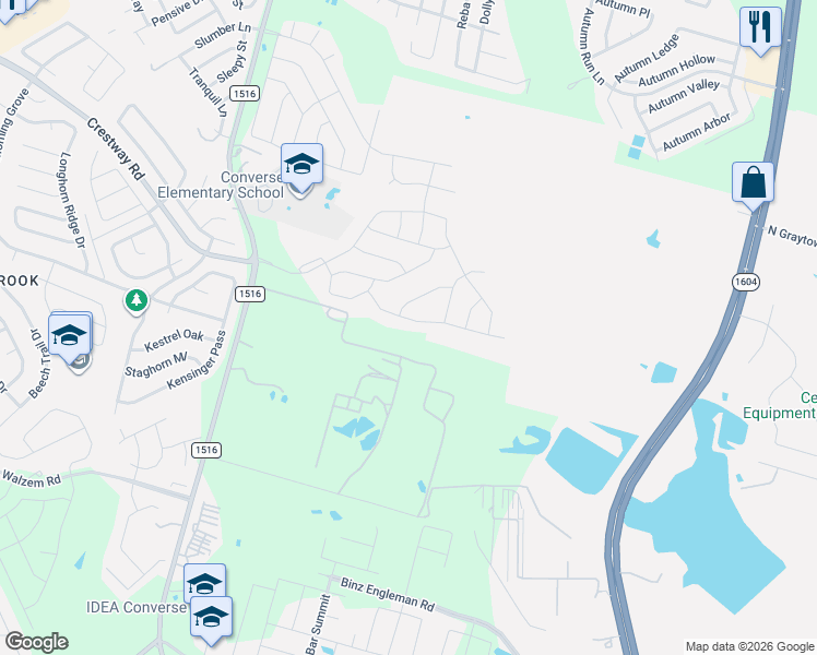 map of restaurants, bars, coffee shops, grocery stores, and more near 6494 Fm 1516 North in Converse