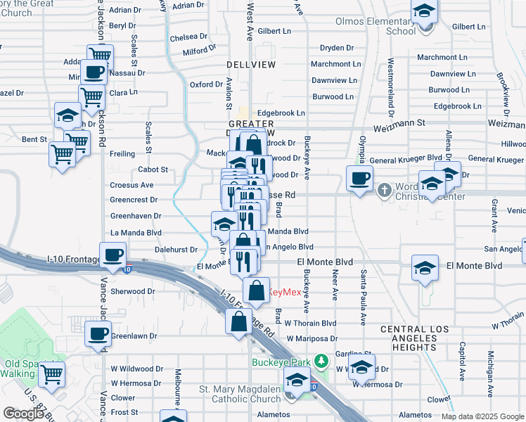 map of restaurants, bars, coffee shops, grocery stores, and more near 1803 La Manda Boulevard in San Antonio