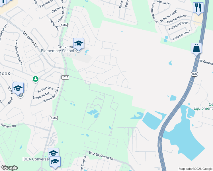 map of restaurants, bars, coffee shops, grocery stores, and more near 6494 Fm 1516 North in Converse