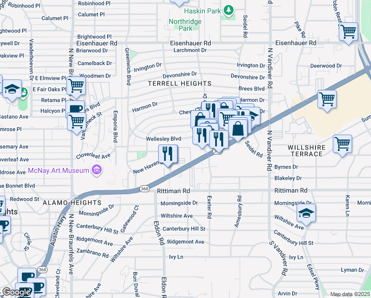 map of restaurants, bars, coffee shops, grocery stores, and more near 1111 Austin Highway in San Antonio