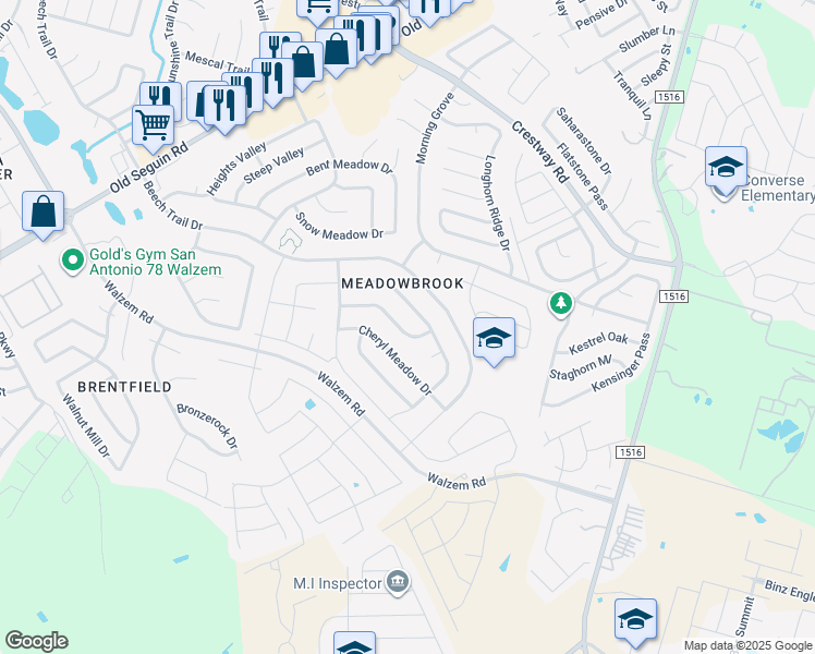 map of restaurants, bars, coffee shops, grocery stores, and more near 8069 Chestnut Barr Drive in Converse