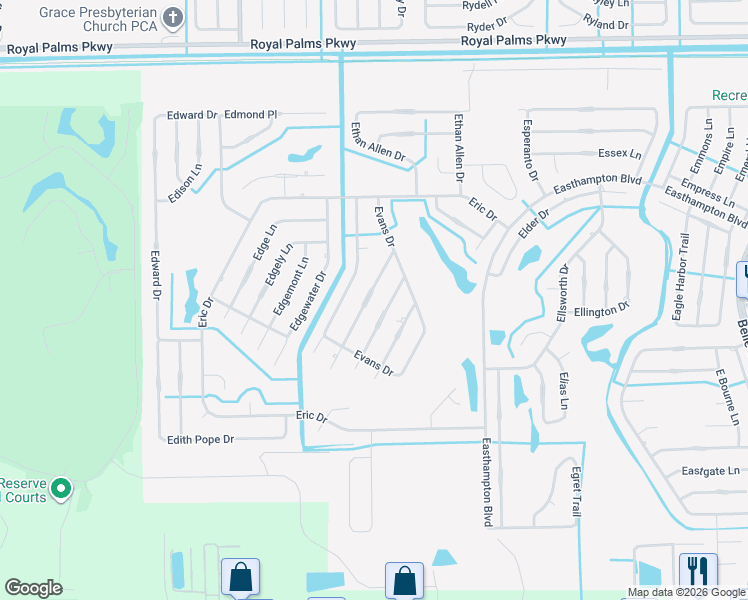 map of restaurants, bars, coffee shops, grocery stores, and more near 11 Evansville Lane in Palm Coast