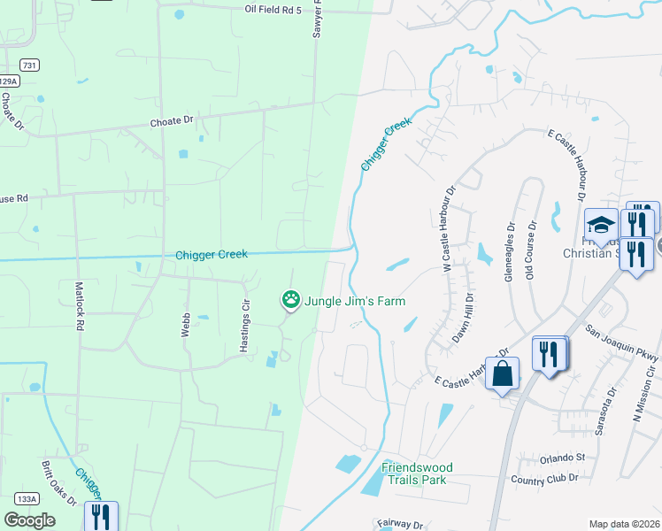 map of restaurants, bars, coffee shops, grocery stores, and more near 19685 Chigger Creek Drive in Alvin