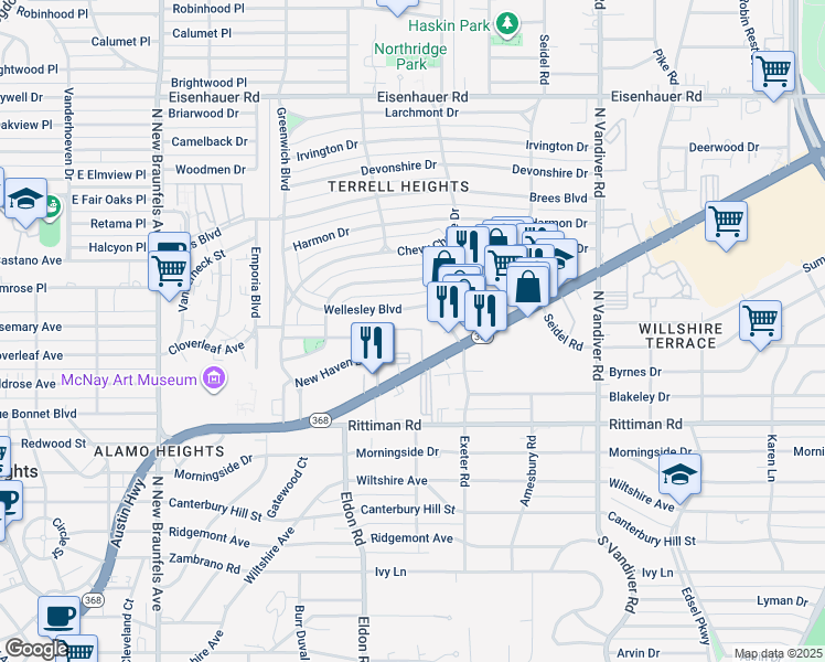map of restaurants, bars, coffee shops, grocery stores, and more near 258 Wellesley Boulevard in San Antonio