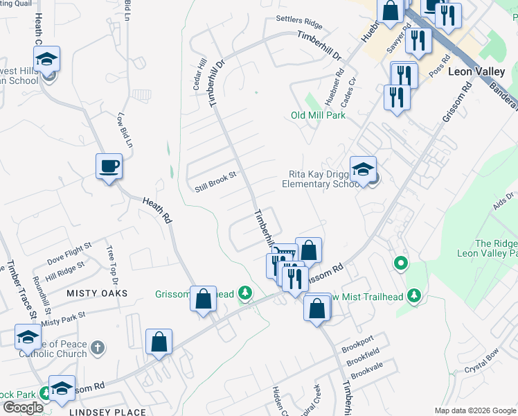 map of restaurants, bars, coffee shops, grocery stores, and more near 7235 Marble Creek Drive in San Antonio