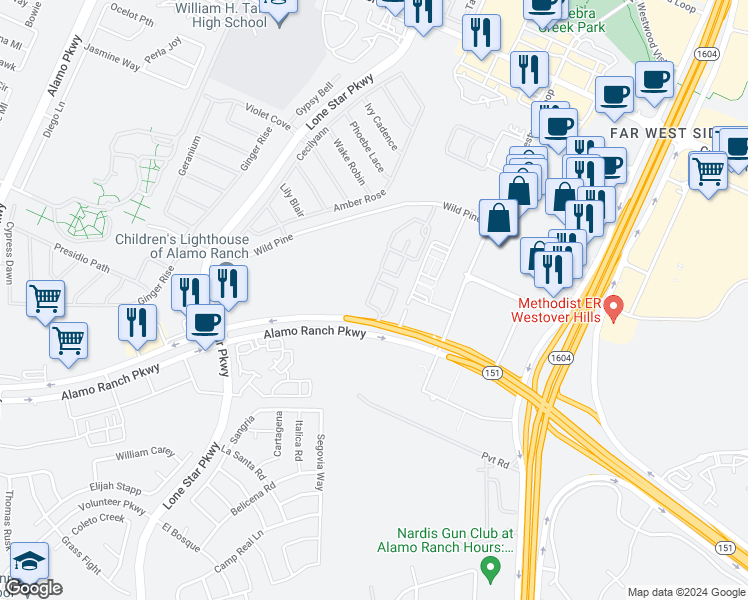 map of restaurants, bars, coffee shops, grocery stores, and more near 11349 Alamo Ranch Parkway in San Antonio