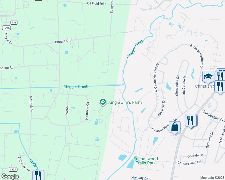 map of restaurants, bars, coffee shops, grocery stores, and more near 19685 Chigger Creek Drive in Alvin
