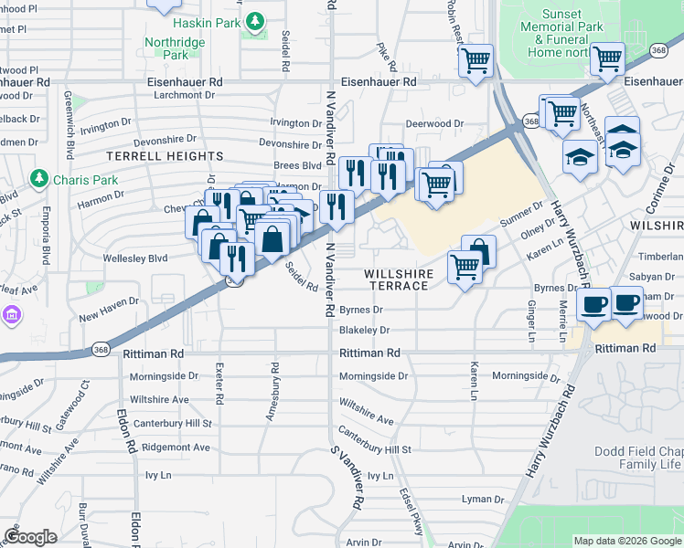 map of restaurants, bars, coffee shops, grocery stores, and more near 303 Sumner Drive in San Antonio