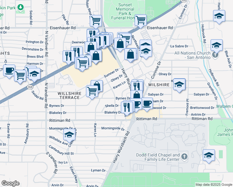 map of restaurants, bars, coffee shops, grocery stores, and more near 402 Karen Lane in San Antonio