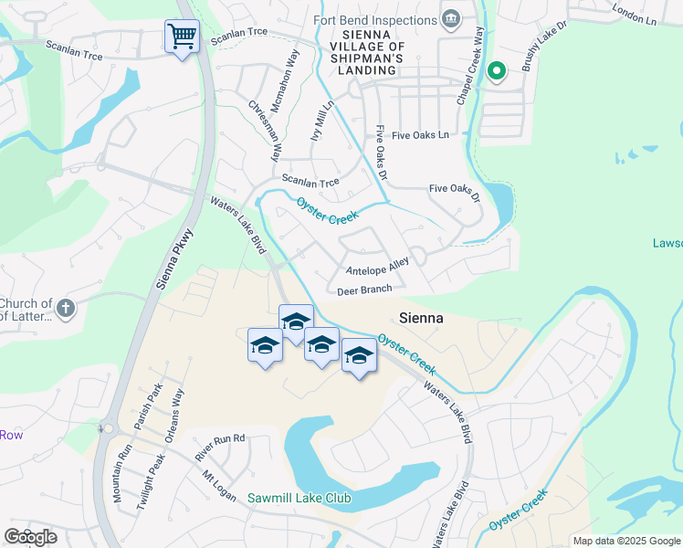 map of restaurants, bars, coffee shops, grocery stores, and more near 10330 Antelope Alley in Missouri City