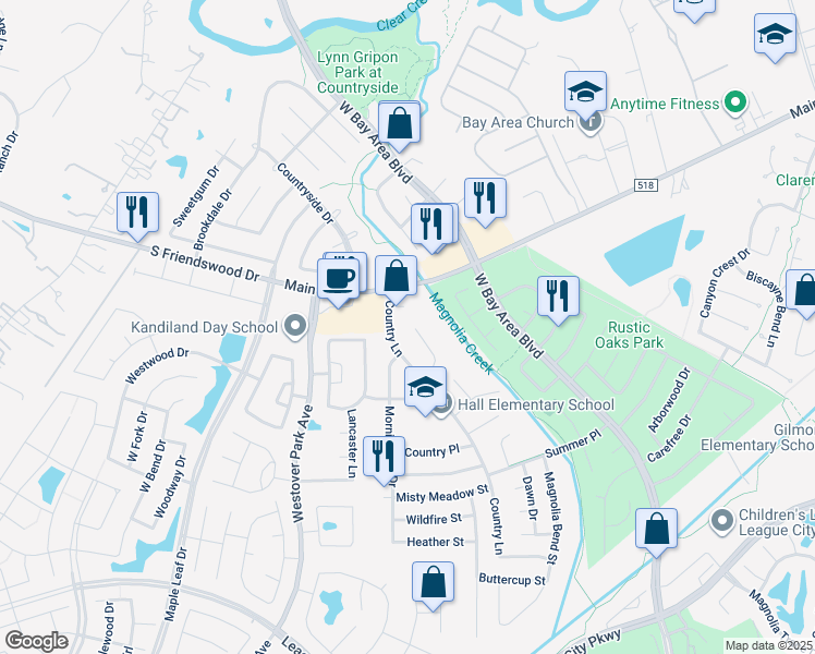 map of restaurants, bars, coffee shops, grocery stores, and more near 5683 Country Glen Street in League City