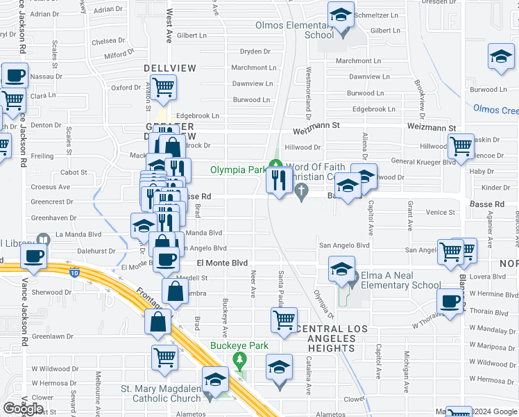 map of restaurants, bars, coffee shops, grocery stores, and more near 3614 Neer Avenue in San Antonio