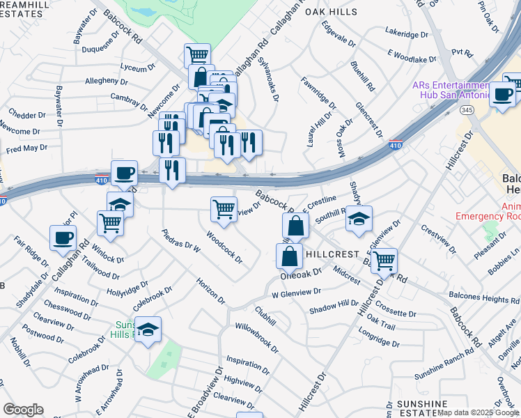 map of restaurants, bars, coffee shops, grocery stores, and more near 1462-1472 Babcock Road in San Antonio