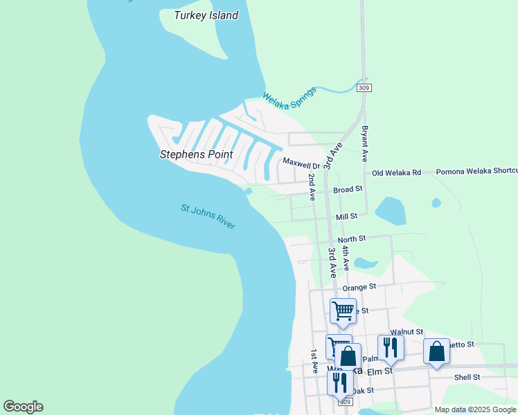 map of restaurants, bars, coffee shops, grocery stores, and more near 99-STE Broad Street in Welaka