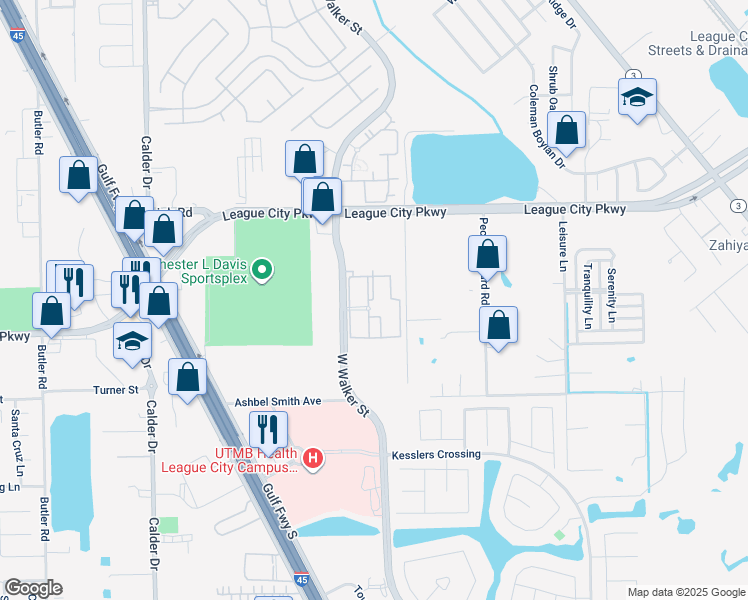 map of restaurants, bars, coffee shops, grocery stores, and more near 9600 Blue Mound Rd in League City