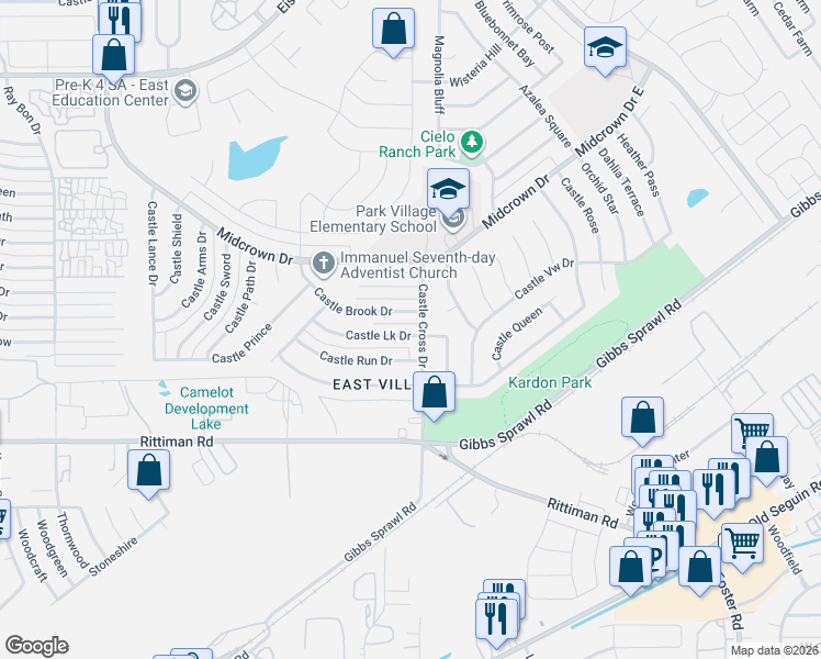 map of restaurants, bars, coffee shops, grocery stores, and more near 5845 Castle Brook Drive in San Antonio