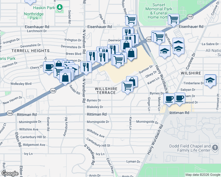 map of restaurants, bars, coffee shops, grocery stores, and more near 1320 Austin Highway in San Antonio