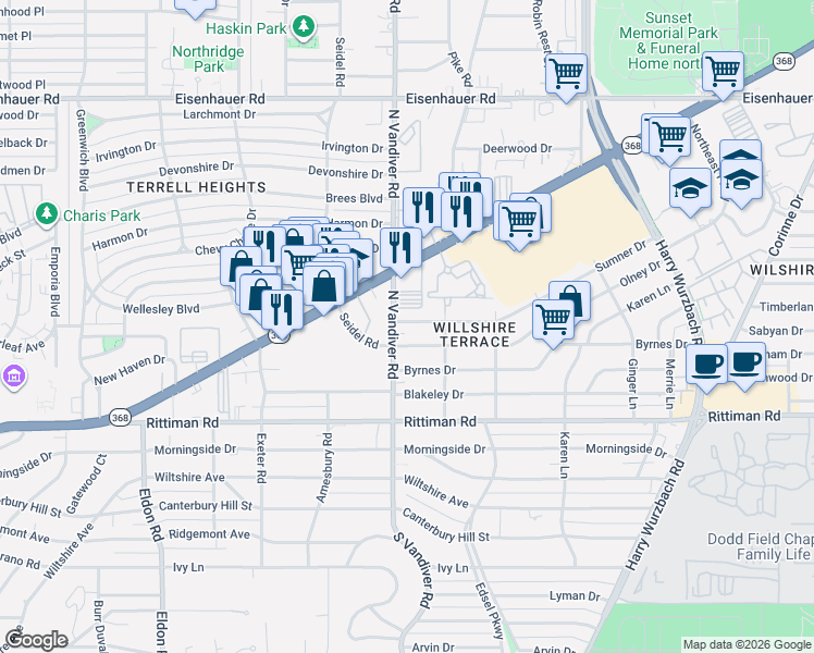 map of restaurants, bars, coffee shops, grocery stores, and more near 303 Sumner Drive in San Antonio