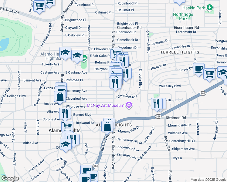 map of restaurants, bars, coffee shops, grocery stores, and more near 333 Rosemary Avenue in San Antonio