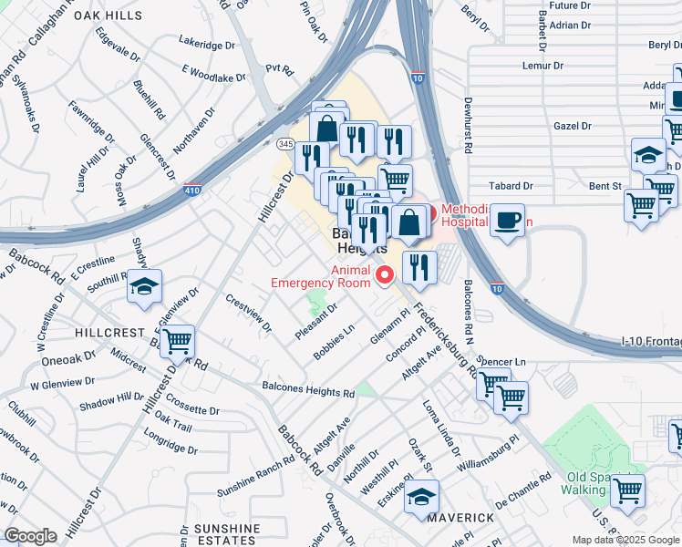 map of restaurants, bars, coffee shops, grocery stores, and more near 111 Siesta Lane in Balcones Heights