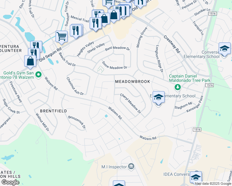 map of restaurants, bars, coffee shops, grocery stores, and more near 8003 Cheryl Meadow Drive in Converse