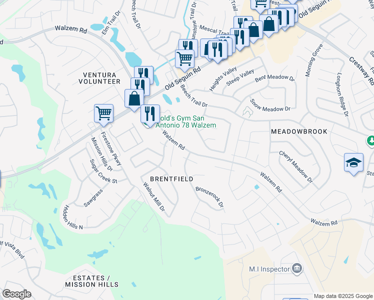 map of restaurants, bars, coffee shops, grocery stores, and more near Walzem Rd in San Antonio