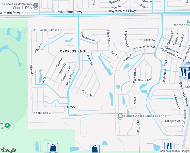 map of restaurants, bars, coffee shops, grocery stores, and more near 30 Evans Drive in Palm Coast