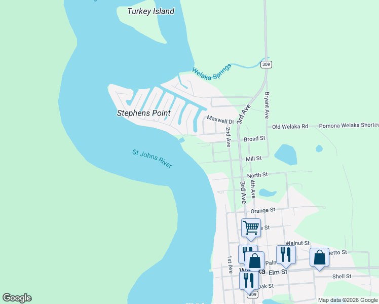 map of restaurants, bars, coffee shops, grocery stores, and more near 99-STE Broad Street in Welaka