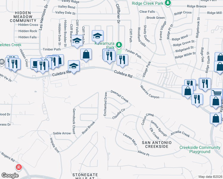 map of restaurants, bars, coffee shops, grocery stores, and more near 5734 Deertail Creek in San Antonio