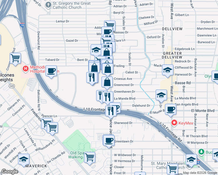 map of restaurants, bars, coffee shops, grocery stores, and more near 2527 Greencrest Drive in San Antonio