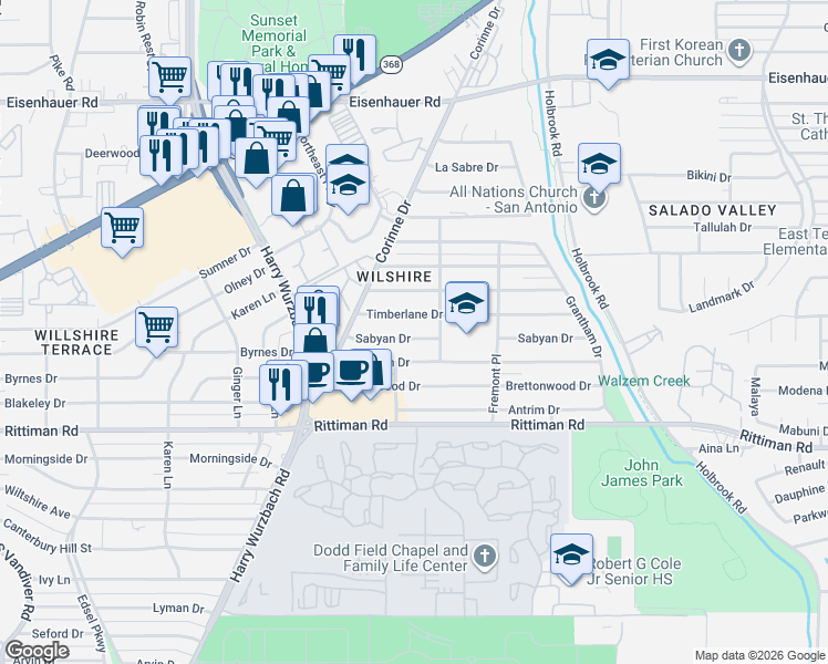 map of restaurants, bars, coffee shops, grocery stores, and more near 354 Timberlane Drive in San Antonio